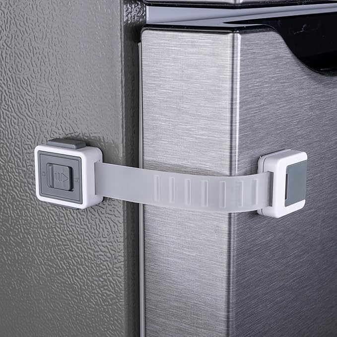 2-Pack Child Proof Fridge Lock with Adhesive - Adjustable Baby Proofing Straps - Refrigerator Lock for Kids - Freezer Latch to Keep Door Closed - for Toddlers, Cats, & Dogs - Universal Compatibility