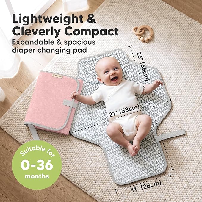 KeaBabies Portable Changing Pad for Baby, Travel ??26 x 21 Wipeable, Waterproof, Foldable Baby Diaper Changing Mat for Diaper Bag, Caddy, Car, Bed, Newborn, Compact Changer Mat Station (Sweet Pink)