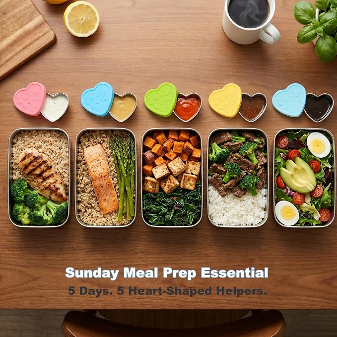 Heart Shaped Salad Dressing Container To Go, 4 Pack 2.1oz Stainless Steel Sauce Cups with Leakproof Silicone Lids, Portion Control for Bento, Meal Prep, Office, Travel & Picnic