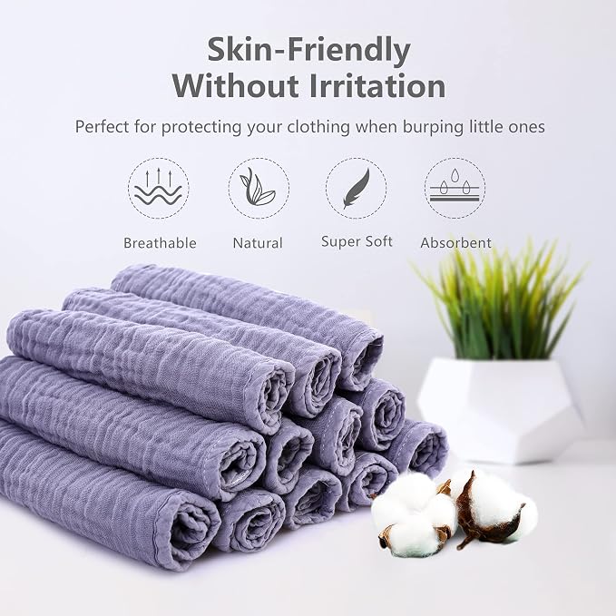 SWEET DOLPHIN 12 Pack Muslin Burp Cloths Large 100% Cotton Hand Washcloths for Baby - Baby Essentials Extra Absorbent and Soft Boys & Girls Milk Spit Up Rags for Newborn Registry - Grey, 20" X10"