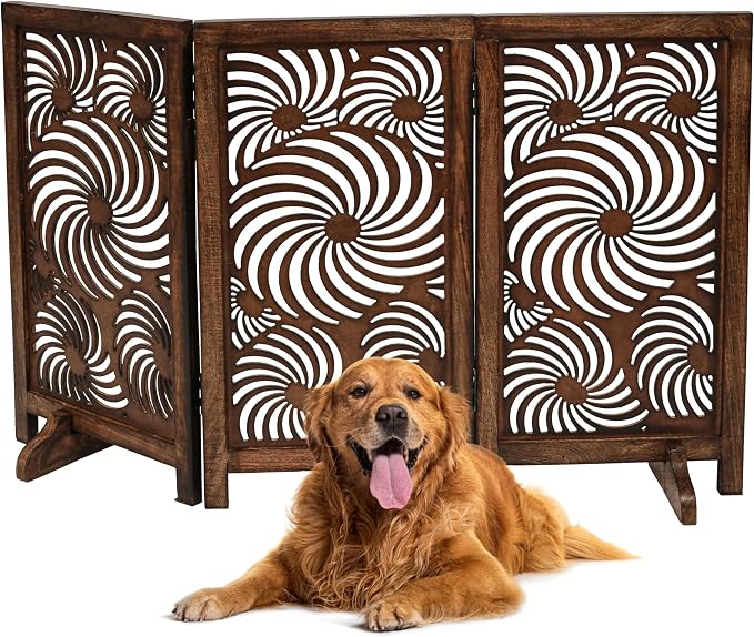 Freestanding Pet Gate for Dogs, Foldable Wooden Dog Gate for House, Indoor Dog Gate for Stair, Doorway, Sun Flower Design Gates for Dogs Indoor, 48 Inch Wide, (16" x3 Panels =48 inch), Burnt Finish