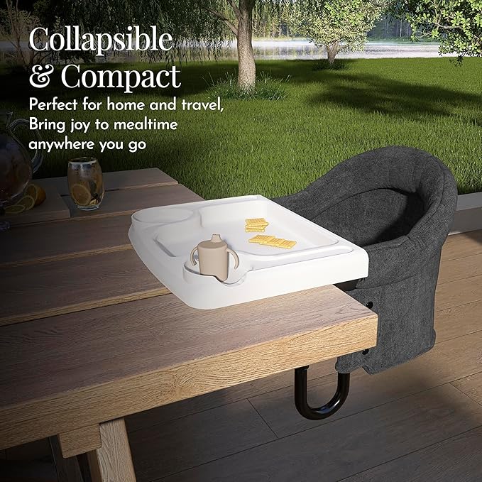 Evolur Clamp-On Comfort Table Chair, Portable Clip-On High Chair for Babies & Toddlers (6??6 Months), Removable Washable Seat Cover, Dishwasher-Safe Tray, Foldable Design with Carry Bag ??Black