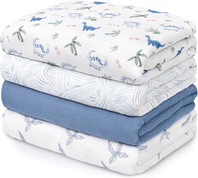GLLQUEN BABY Muslin Swaddle Blankets 4-Pack Breathable Receiving Blankets (35" x 40") Soft Baby Blankets for Girls and Boys Newborn Essentials Muslin Burp Cloths Swaddle Wrap Baby Gift(Dinosaur)