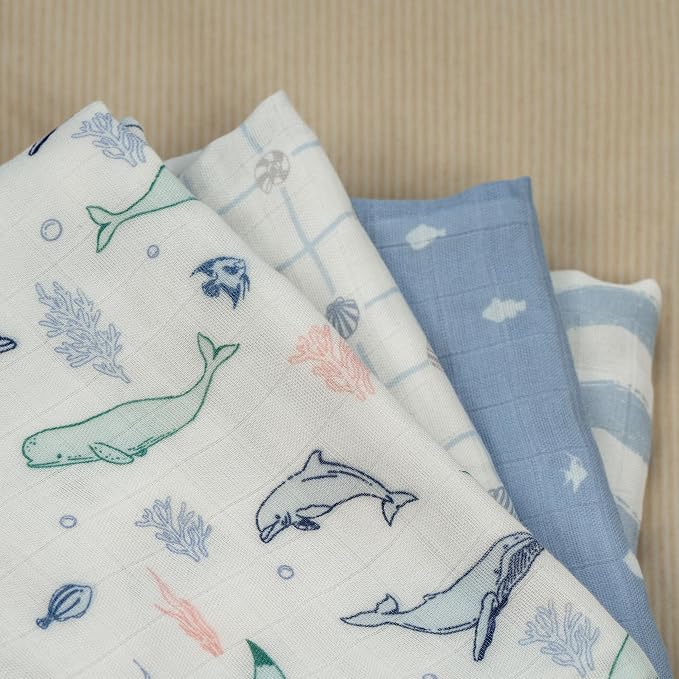 GLLQUEN BABY Muslin Swaddle Blankets 4-Pack Breathable Receiving Blankets (35" x 40") Soft Baby Blankets for Girls and Boys Newborn Essentials Muslin Burp Cloths Swaddle Wrap Baby Gift(Ocean Whimsy)