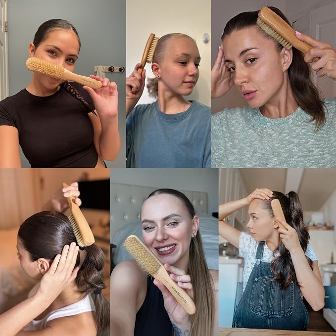 GranNaturals Boar Bristle Slick Back Hair Brush - Soft White Bristle Smoothing Hairbrush for Slicking Hair to Create Sleek Style- Natural Wood Handle for Women + Men