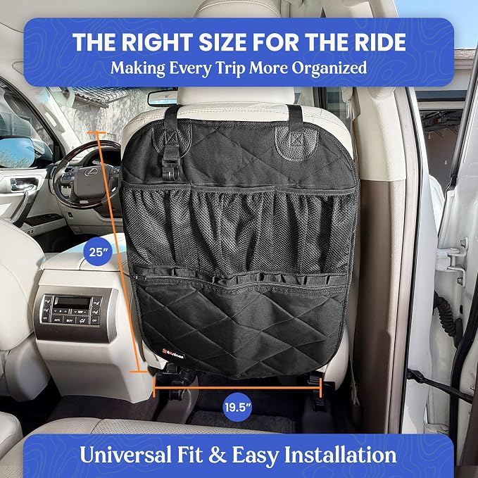 4Knines Car Seat Back Organizer – Heavy-Duty Kick Mat w/Mesh Storage Pockets, Bottle Hook – UV-Resistant Hardware – Waterproof Backseat Organizer for Kids & Pets – Fits SUVs, Trucks, Cars – Black