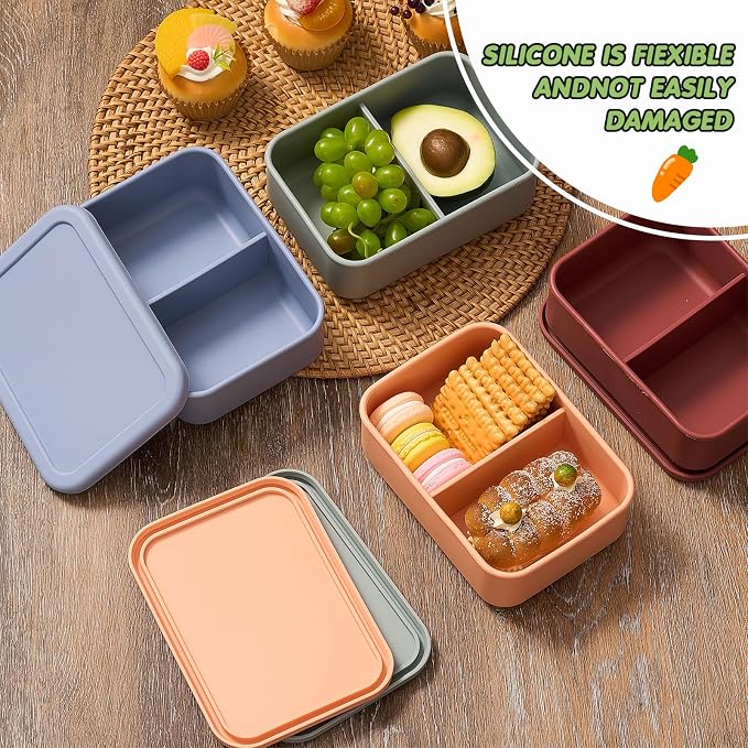 Layhit 4 Pcs Silicone Bento Box for Adults, 27 oz Bento Lunch Container Reusable Food Container for Women Men, Leak Proof Microwave Dishwasher Freezer Safe (2 Compartments,Dark Colors)