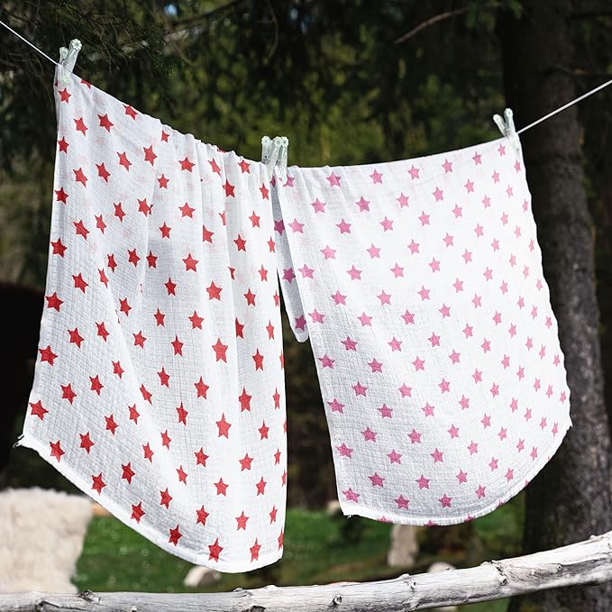 Bacati 4 Piece Stars Muslin Swaddling Blankets for Girls, Pink/Orange/Red/Grey, 45" x 45"