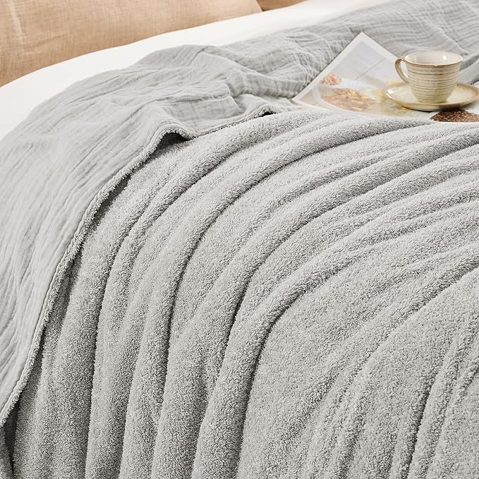 EMME Muslin and Fleece Throw Blanket Reversible - 50"*60" Grey Soft Warm Throw Blankets for Couch Bed Picnic Travel Bed