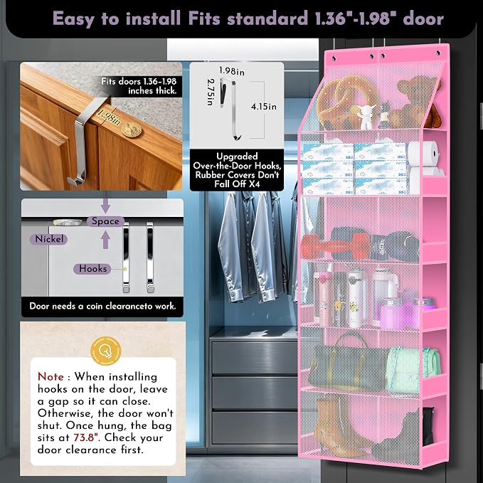 PAULONE 6-Tier Over Door Organizer 71" Tall – Hanging Storage with 2 Sizes of Large Deep Pockets (24.3" W x 8.9" D), 98 lbs Capacity, for Bedroom Closet, Bathroom, Nursery & Kitchen