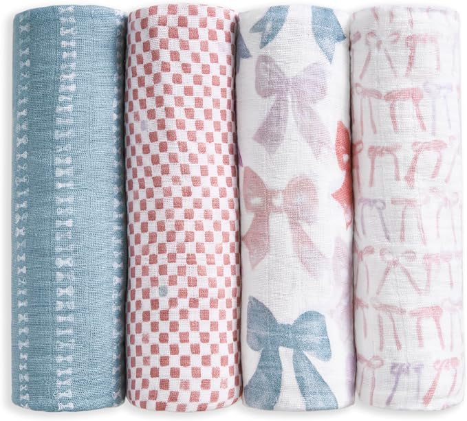 aden + anais 100% Organic Cotton Muslin Swaddles, Breathable Baby Blanket, Ideal for Boys, Girls, Newborns, Babies & Infants, Receiving Blanket, Soft and Lightweight Wrap, 4 Pack, Bow Atelier