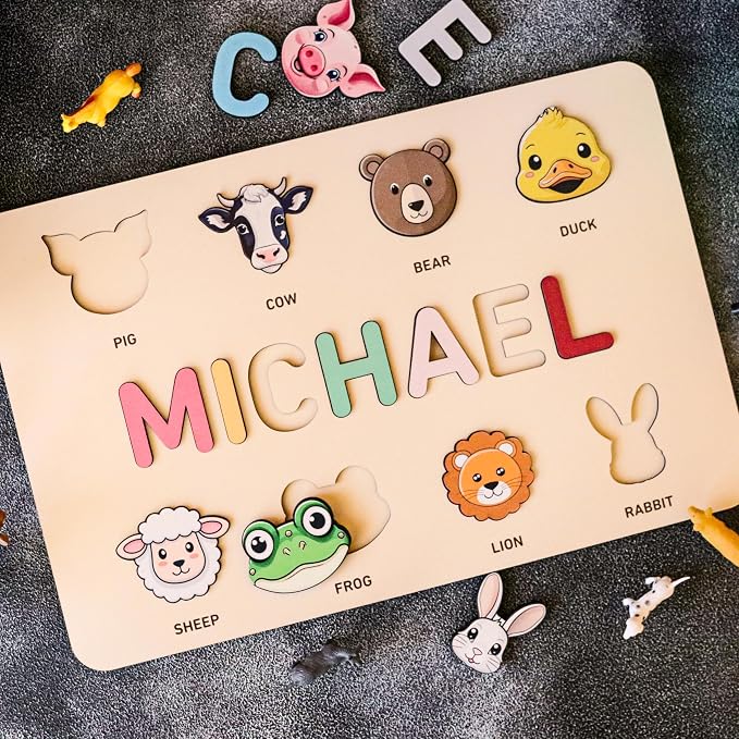 Personalized Wooden Name Puzzle for Kids, Boy and Girl, Gift for 0-1-2-3 Years Old New Baby First Birthday Gift, Christmas, Baby Shower, Newborn, Easter Custom Toddler Learning