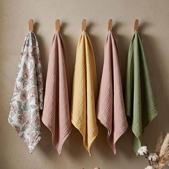 Muslin Receiving Blankets, Neutral Blanket Swaddling for Newborn Boys and Girls, 5 Pack Breathable and Skin-Friendly Swaddle Wrap for Infant Baby (Pink Flower)