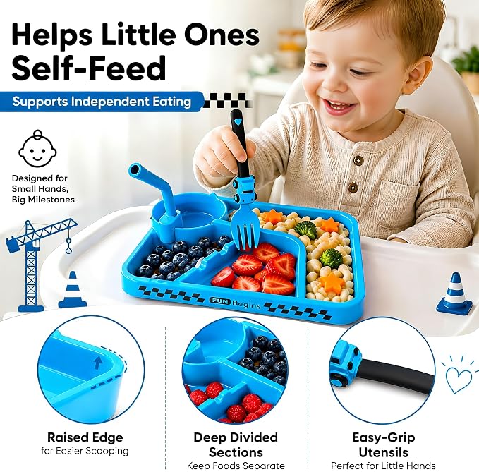 Deinyi Fun Construction Toddler Plates & Utensils - Divided Non-Tip Plate for Ages 1 2 3 4 5 6 7 - Perfect Birthday Party Gift for Boys & Girls - Blue