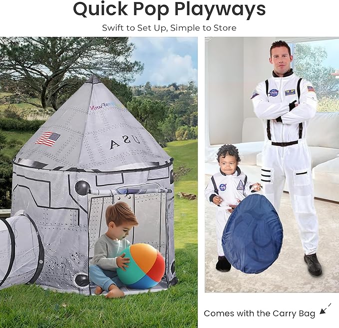 LimitlessFunN 4pc Space Rocket Ship Kids Pop Up Play Tent, Crawl Tunnel, Ball Pit | Includes Star Lights & Carrying Case |, Children Indoor Castle Playhouse for Boys, Toddlers, 47" D x 126" W x 53" H