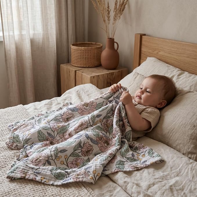 Muslin Receiving Blankets, Neutral Blanket Swaddling for Newborn Boys and Girls, 5 Pack Breathable and Skin-Friendly Swaddle Wrap for Infant Baby (Pink Flower)