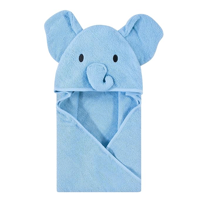 Touched by Nature Unisex Baby Organic Cotton Animal Face Hooded Towels, Blue Elephant, One Size