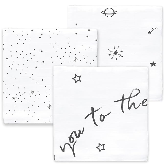 Amazing Baby Muslin Swaddle Blankets for Baby, Newborn Receiving Blanket, 100% Cotton Swaddle Wrap, XLarge, 46 x 46 inches, Milestone Blankets, Set of 3, Love You to The Moon, Soft Black
