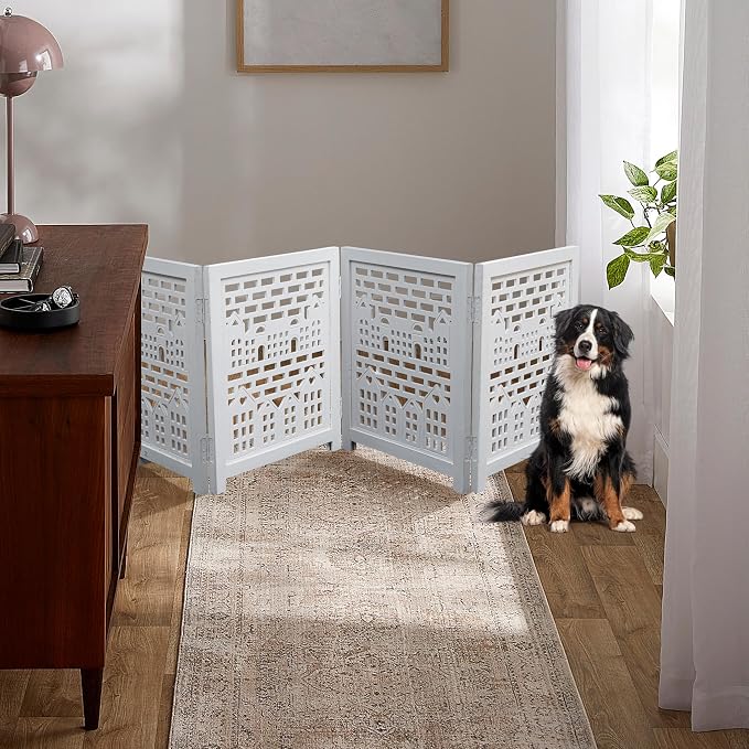 Freestanding Pet Gate for Dogs, Foldable Wooden Dog Gate for House, Indoor Dog Gate for Stair, Doorway, House Design Gates for Dogs Indoor, 72 Inch Wide, (18" x4 Panels =72 inch), White Antique