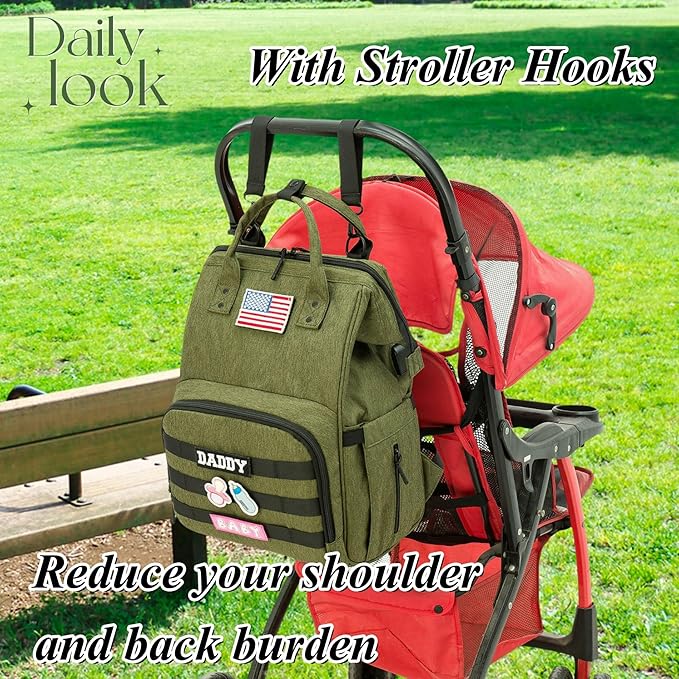 Diaper Bag Backpack for Dad and Mom with USB Charging Port Stroller Straps and Insulated Pocket,army military Travel Nappy Backpack for daddy mommy (Green)
