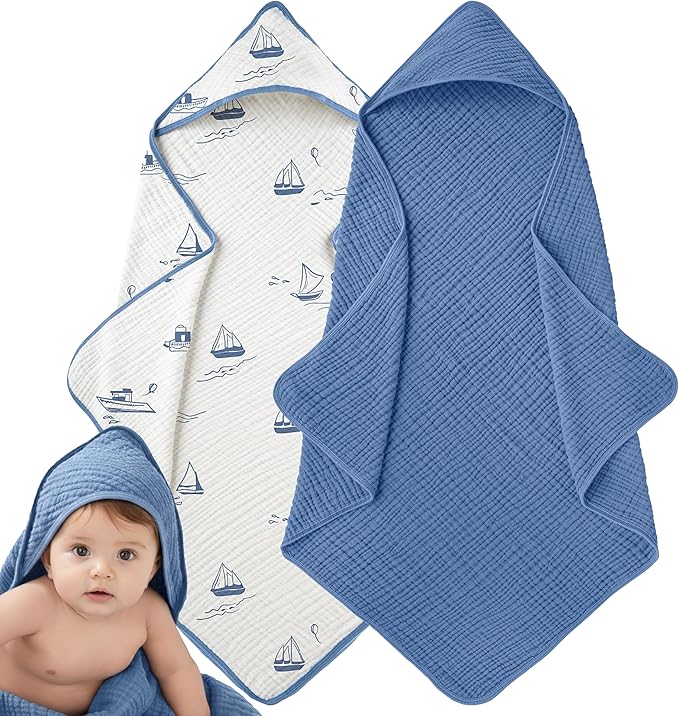 Muslin Hooded Baby Towels for Newborns, 32"x32", 100% Cotton ??6 Layers Super Soft Absorbent Breathable, Baby Bath Towel, Toddler Bath Towel ??Pack of 2