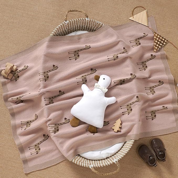Opewod Soft Cotton Knit Baby Blanket with Cute Deer Print 40x30in Newborn Receiving Blanket Swaddle Cuddle Blanket for Crib, Stroller, or Nursery for Infants & Toddlers Pink