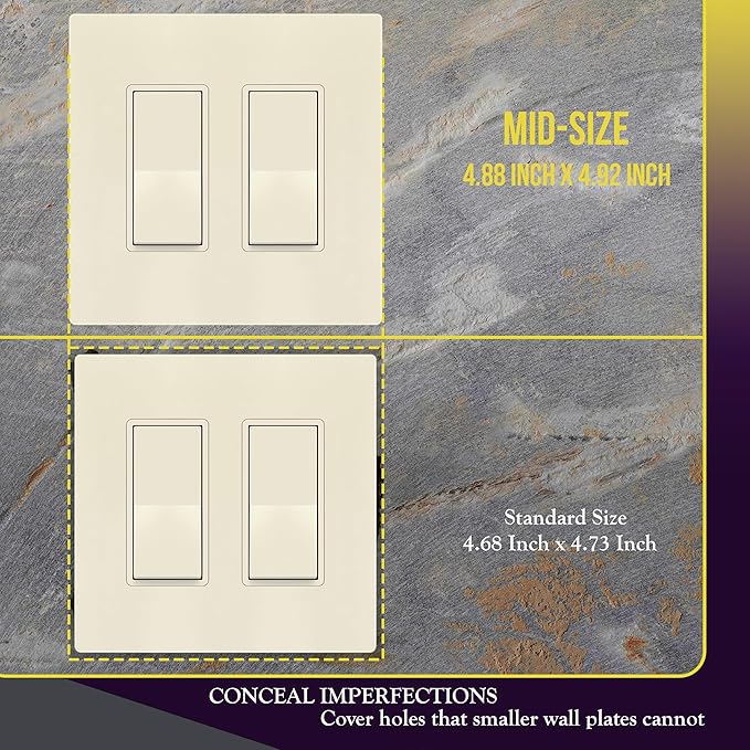 ENERLITES Screwless Decorator Wall Plates Child Safe Outlet Covers, Gloss Finish, Medium Size 2-Gang 4.88" H x 4.92??L, Unbreakable Polycarbonate Thermoplastic, SI8832M-LA-10PCS, Light Almond, 10 Pack