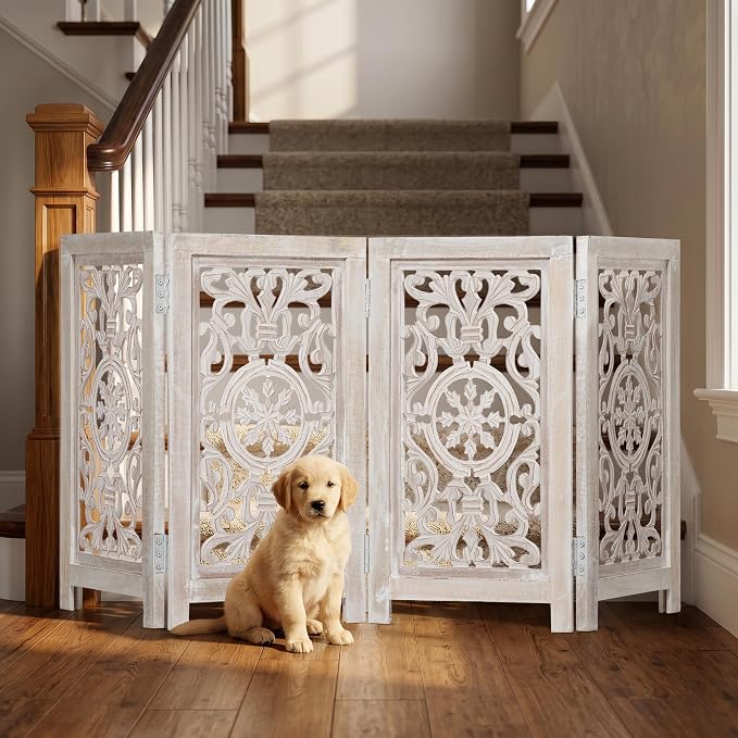 Decorative Wooden Pet Gate, Dog Fence, Cat Gate, Foldable, Adjustable, Portable, Extra-Wide, Wooden Dog Barrier, Free-Standing Puppy Gate 4 Panels for Indoor, Doorways, Stairs-26x52 Inch White Wash
