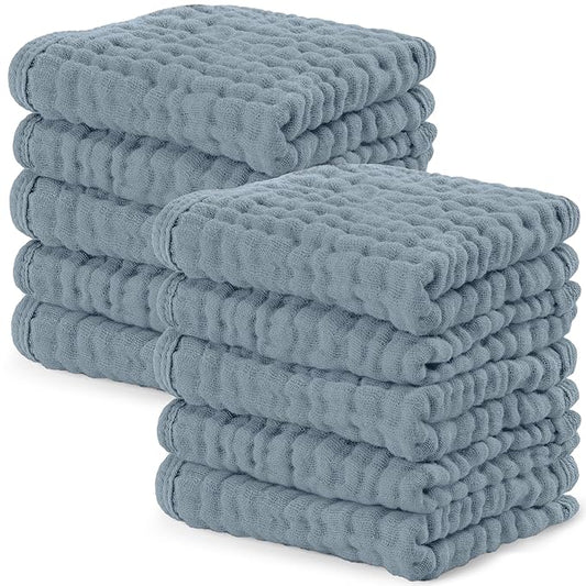 Comfy Cubs Muslin Baby Washcloths 10 Pack - Soft 6-Layer Cotton Wash Cloths for Sensitive Skin - 10"x10" Large, Gentle, Absorbent Infant Essentials for Newborn and Toddlers - Pacific Blue