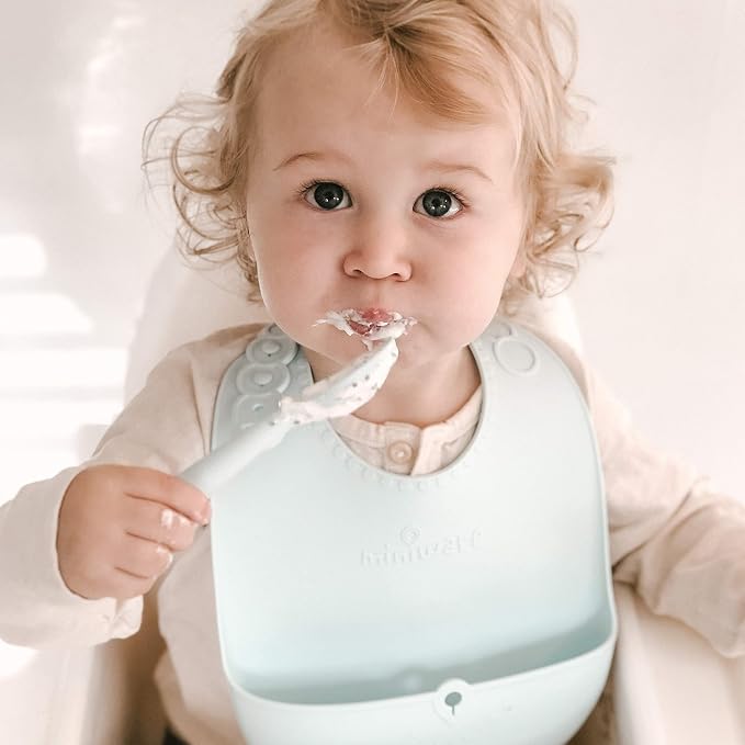 Miniware First Bites Deluxe Set: Cereal Bowl, Detachable Suction Foot, Training Spoon, Silicone Bib for Baby Toddler Kids | Promotes Self Feeding | BPA Free | Dishwasher Safe (Aqua)