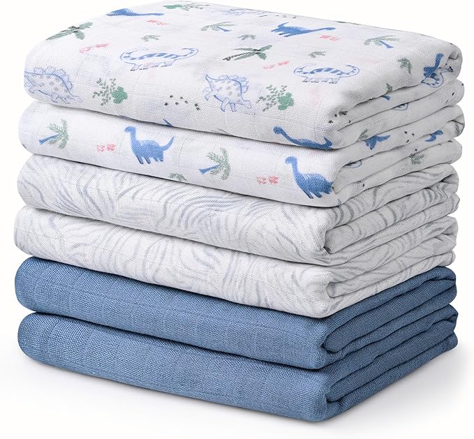 GLLQUEN BABY Receiving Blanket Boy Cotton Muslin Swaddle Blankets Girl Newborn Squares Breathable & Soft Thin Baby Blankets Cloths Double Absorbent Infant Swaddling Wrap - 6 Pack (Dinosaur)
