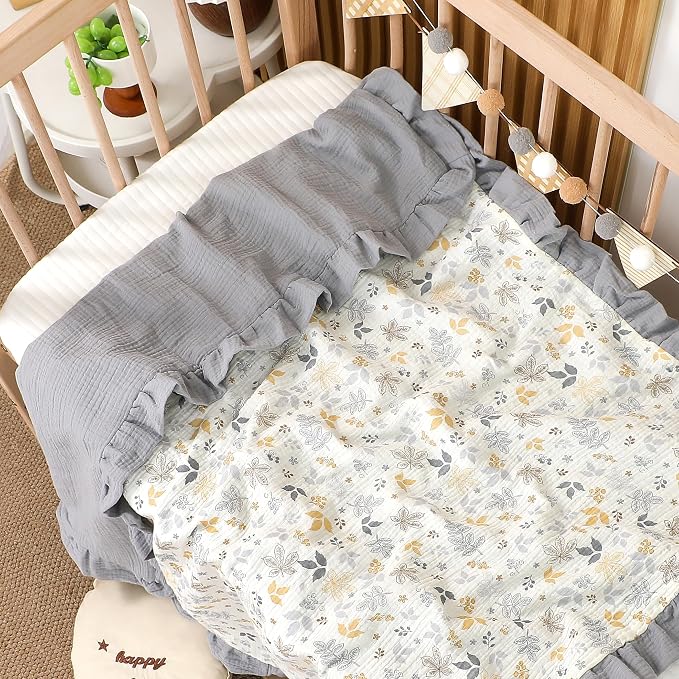 Muslin Toddler Blanket 43"x43" - 100% Cotton Super Soft Crib Blanket for Baby, Infant, Toddler & Baby Boys,Lightweight Nursing Cover & Breathable Stroller Blanket,Floral Design (Grey)