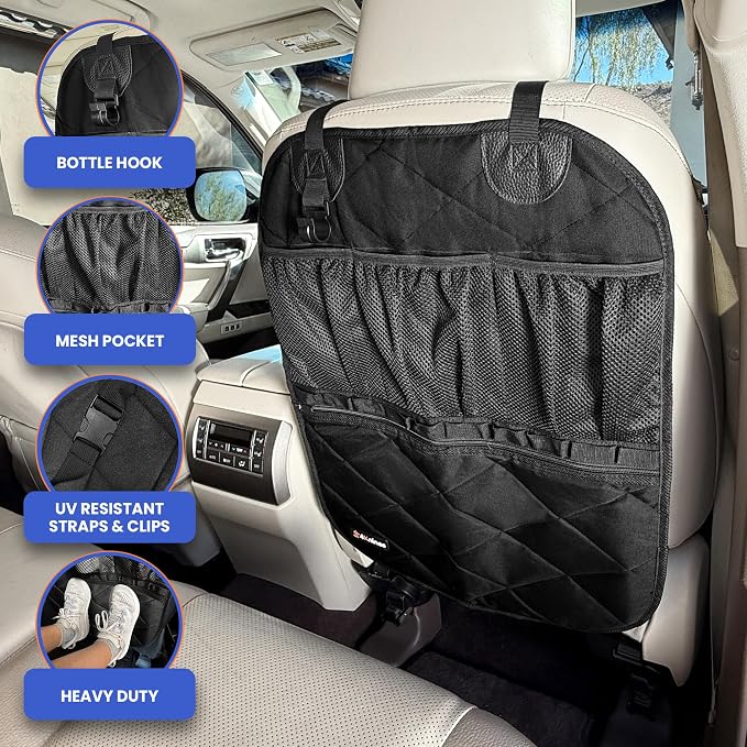 4Knines Car Seat Back Organizer – Heavy-Duty Kick Mat w/Mesh Storage Pockets, Bottle Hook – UV-Resistant Hardware – Waterproof Backseat Organizer for Kids & Pets – Fits SUVs, Trucks, Cars – Black