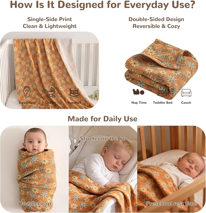 NTBAY Muslin Baby Swaddle Blanket, 2-Layer, 30x40 Lightweight Receiving Blanket for Newborns and Infants, Crib Stroller Travel Use, Vintage Daisy Bloom