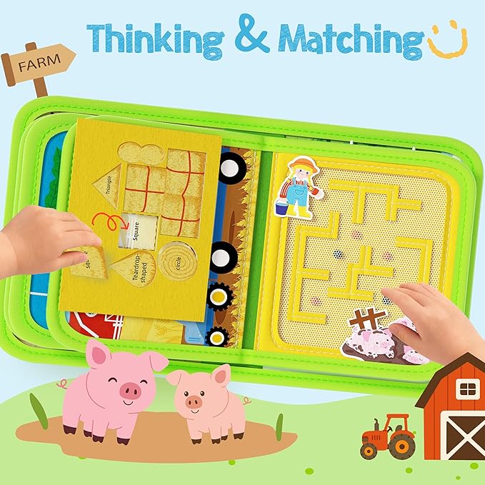 AMOSTING Montessori Busy Book for Toddlers 1-3, Busy Board Activities, Fine Motor Skills & Sensory Play, Farm Quiet Book, Travel Toy for Kids