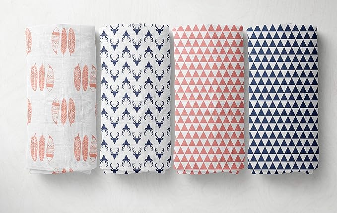 Bacati Olivia Tribal Buck/Feathers/Triangles 4 Piece Cotton Muslin Swaddling Blankets, Navy