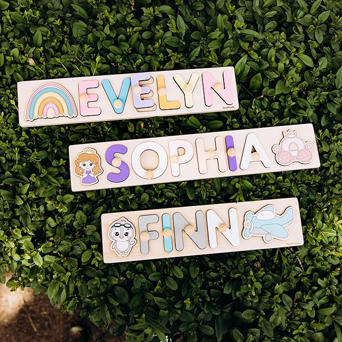 Personalized Name Puzzle Montessori Toys Nursery Decor Customized Puzzle Educational Toy for a 1 Year Old Gifts Kids Name Sign for Nursery Easter Present for Baby (Purple Pink)