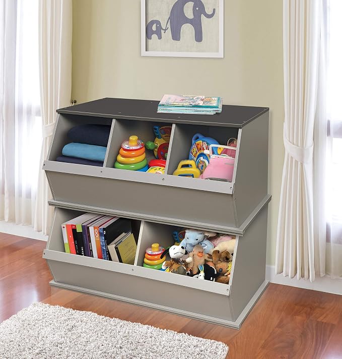 Badger Basket Three-Bin Stackable Storage Cubby – Woodgrain Gray, Expandable Storage with Top Display Shelf for Toys, Crafts & More