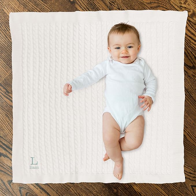 WEDDINGSTAR Custom Embroidery Cotton Cable Knit Baby Blanket White - Monogram