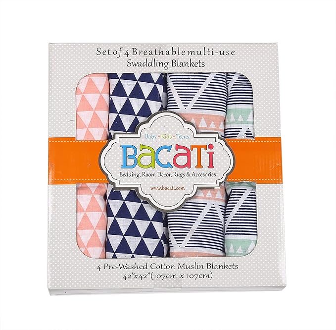 Bacati Emma Aztec Triangles 4 Piece Cotton Muslin Swaddling Blankets, Mint