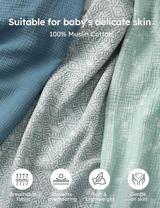 Unnivoll Muslin Swaddle Blankets for Newborns, 100% Cotton Receiving Blankets, Large 38 x 40 inches Baby Swaddle Blanket for Baby Boys and Girls, Soft Breathable Infant Baby Essentials 3 Pack Blue