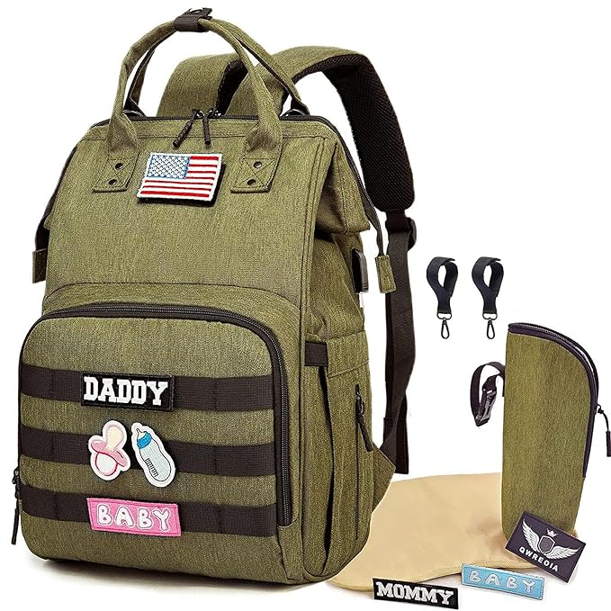 Diaper Bag Backpack for Dad and Mom with USB Charging Port Stroller Straps and Insulated Pocket,army military Travel Nappy Backpack for daddy mommy (Green)