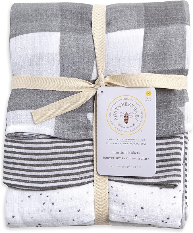 Burt's Bees Baby - Swaddles, Muslin Cotton Baby Blankets, 3-Pack, Multipurpose Lightweight & Breathable 100% Organic Cotton