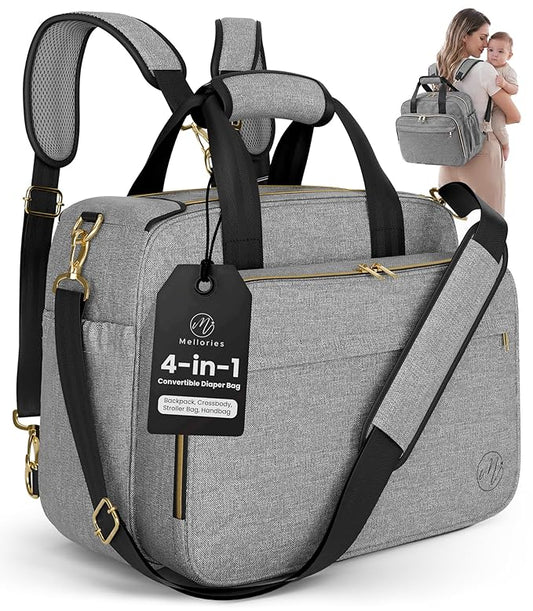 Mellories 4 in 1 Convertible Baby Diaper Bag ??Converts from Tote to Backpack, Stroller & Crossbody Diaper Bag ??Gray Baby Travel Bag ??Gift for Moms