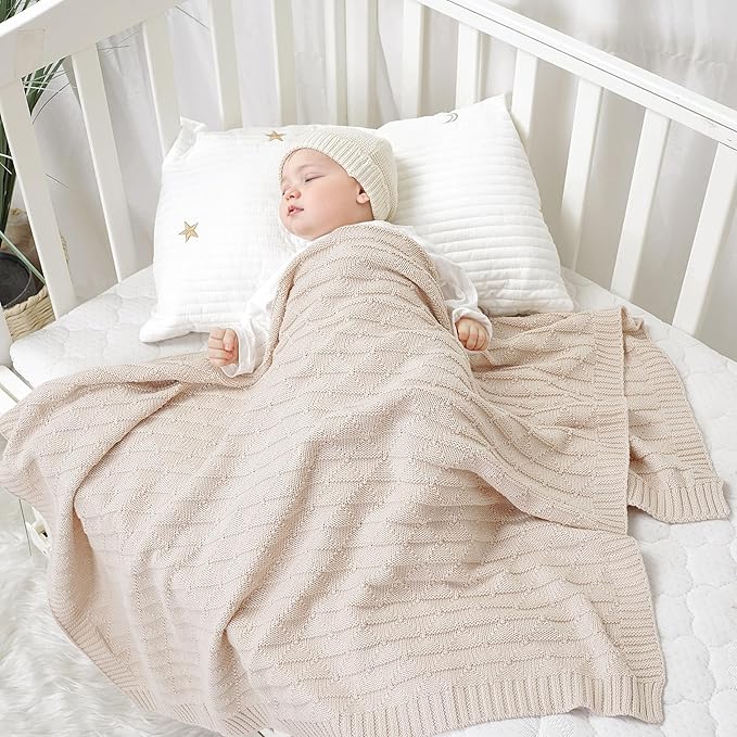 Baby Receiving Blanket for Boys Girls Knit Neutral Swaddle Blankets Soft Lightweight Crib Stroller Blankets for Newborn Infant Toddlers Beige 30 x 40 Inch