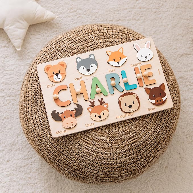 Name Puzzle with Animals, Personalized Gift for Kids, Baby Boy Birthday Gift, First, Woodland Animals, Montessori Wooden Toys