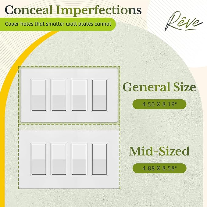 TG Screwless Decorator Wall Plates Child Safe Outlet Covers, Mid-Size 4-Gang 4.88" H x 8.58??L, Unbreakable Polycarbonate Thermoplastic, UL Listed, Glossy, White (1 Pack)