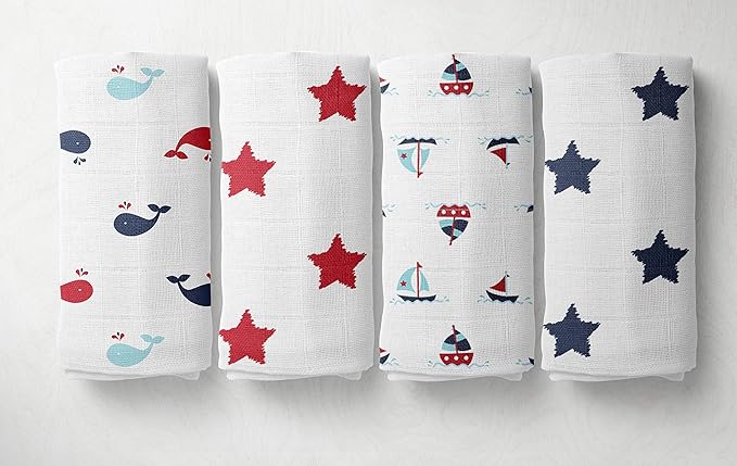 Bacati Set of 4 Little Sailor Muslin Swaddling Blankets, Blue/Red