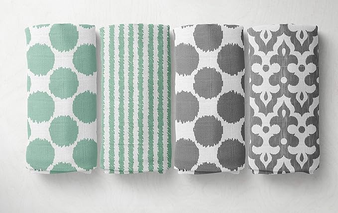 Bacati Ikat Mint/Grey Dots/Stripes Swaddling Muslin Blankets Set of 4