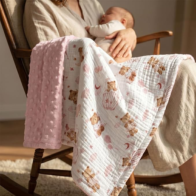 GLLQUEN BABY Blankets for Girls, Soft Muslin Cotton Front Dotted Fleece Backing, Nursery Minky Crib Blanket for Infant Toddler, 30 x 40 inches Throw Blanket, Pink Bear